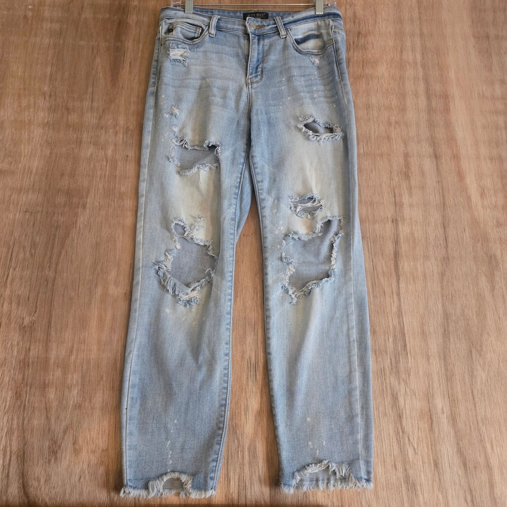Judy Blue Boyfriend Fit Distressed Jeans 7/28 Light Wash Bleach Splatter